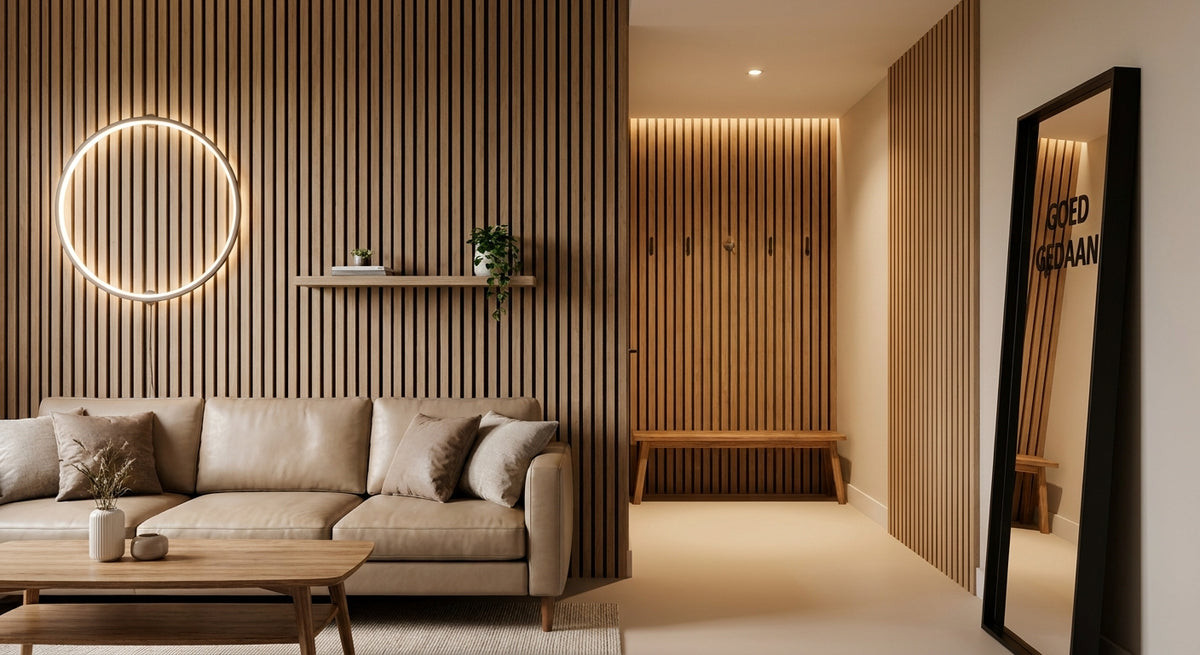 Houten achterwand inspiratie voor woonkamer en hal