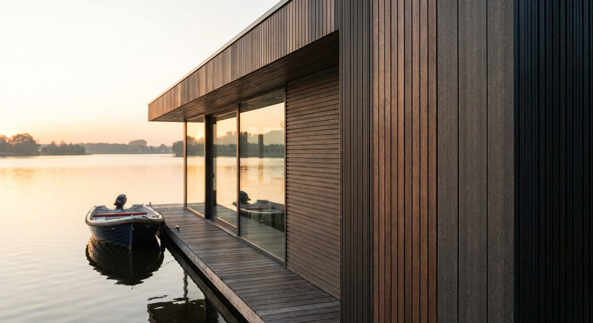Gevelbekleding voor een botenhuis aan het water