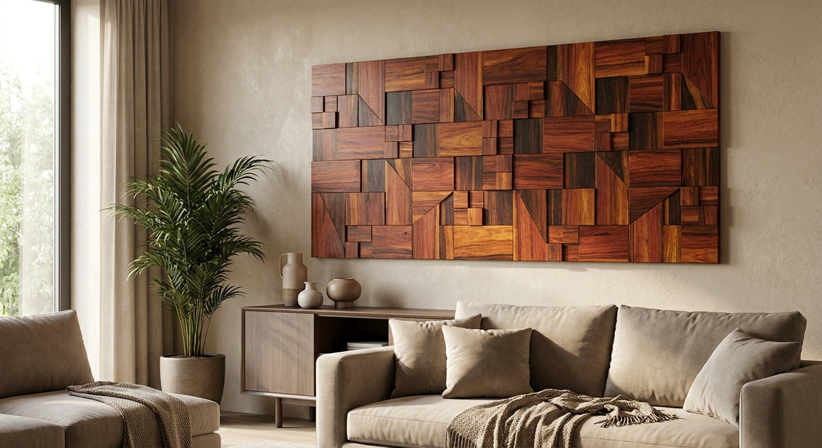 Houten mozaiekpaneel rosewood voor woonkamerwand