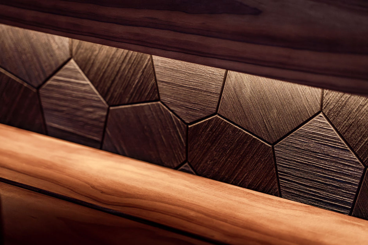 Stylish indoor sauna with geometric wood panel design and LED lighting for a modern aesthetic.