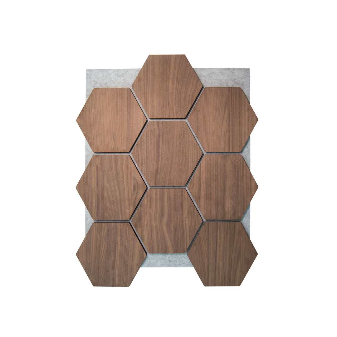 Sample hexagon wandpaneel walnoot met grijs vilt