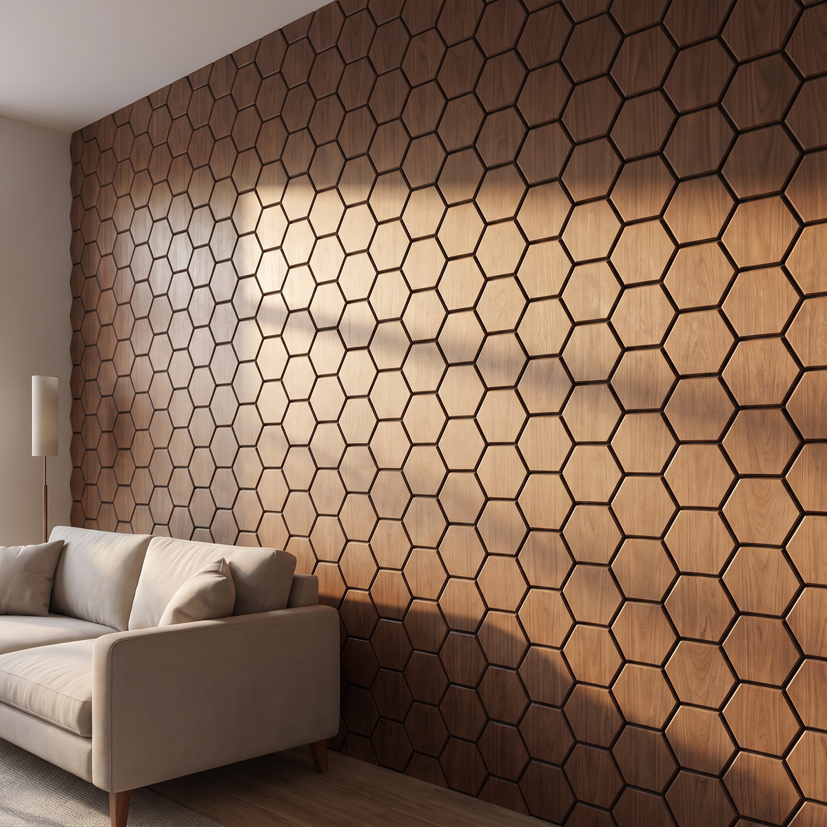 Hexagon walnoot wandpaneel zijaanzicht met 3D diepte en strijklicht