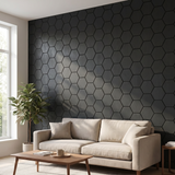 Hexagon zwart wandpaneel in moderne woonkamer