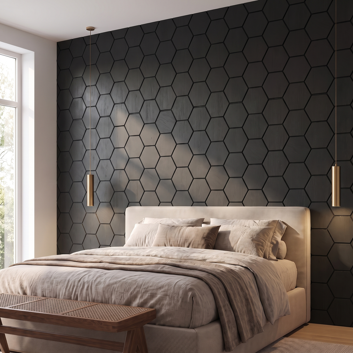 Hexagon zwart wandpaneel achter het bed in slaapkamer