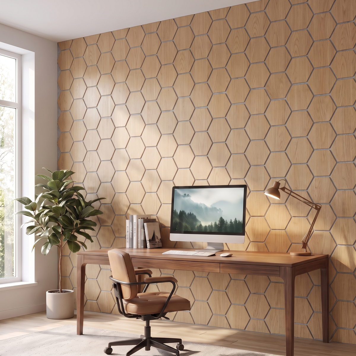 Hexagon naturel eiken met grijs vilt wandpaneel in home-office achter bureau
