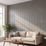 Hexagon grijs walnoot met grijs vilt wandpaneel in moderne woonkamer