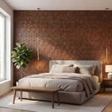 Lobelia Smoked Brown wandpaneel achter het bed in slaapkamer