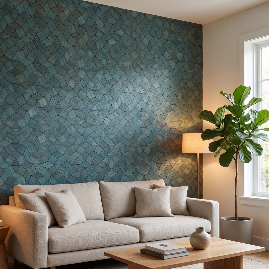 Gardenia Cadet Blue houten mozaiek wandpaneel in moderne woonkamer