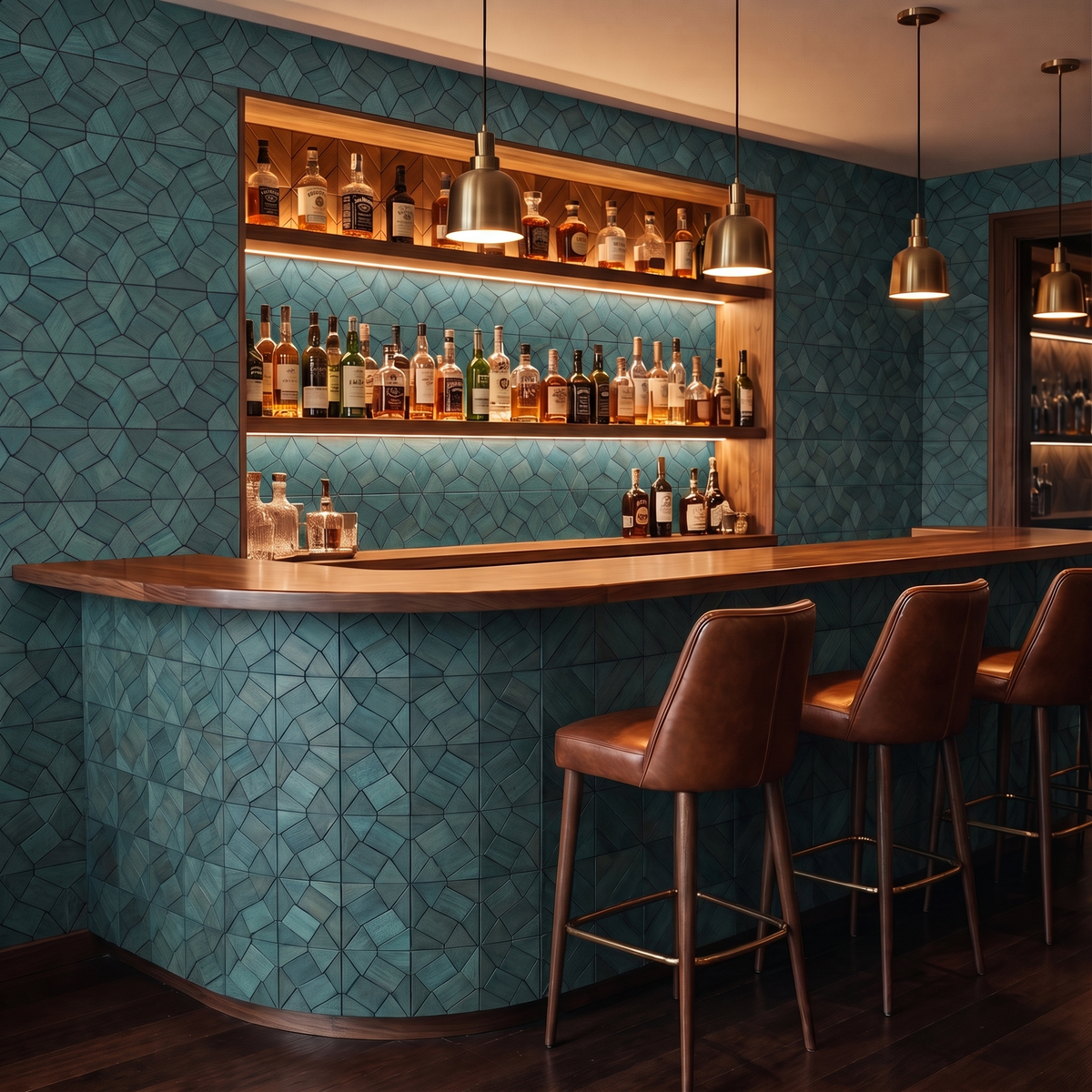 Gardenia Cadet Blue houten mozaiek wandpaneel als bar-achterwand