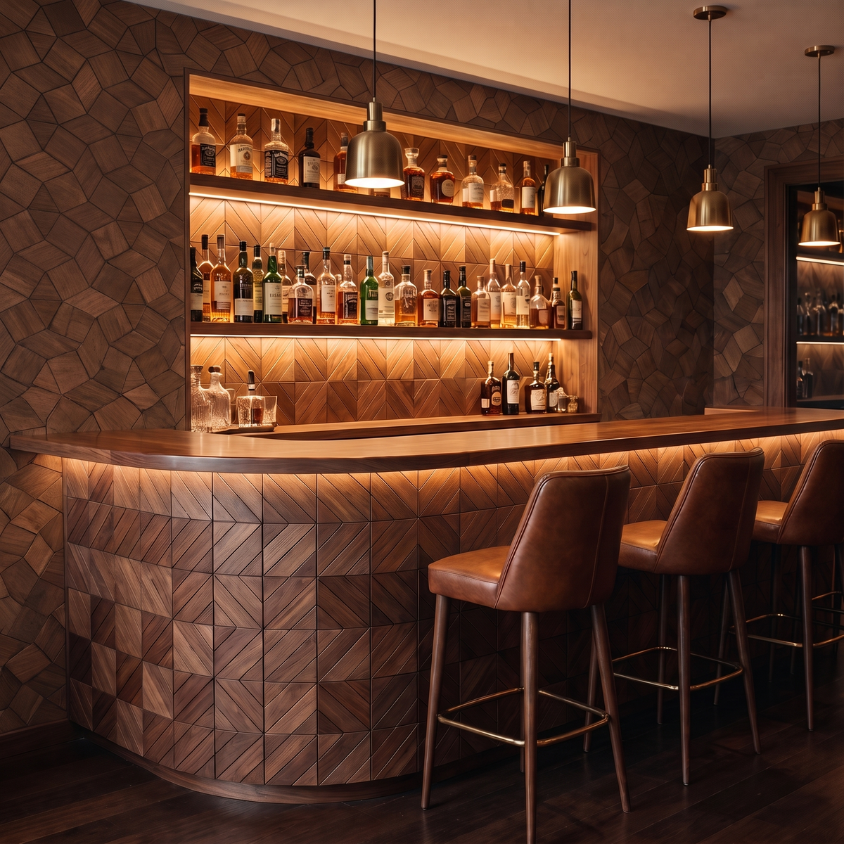 Gardenia Smoked Brown houten mozaiek wandpaneel als bar-achterwand