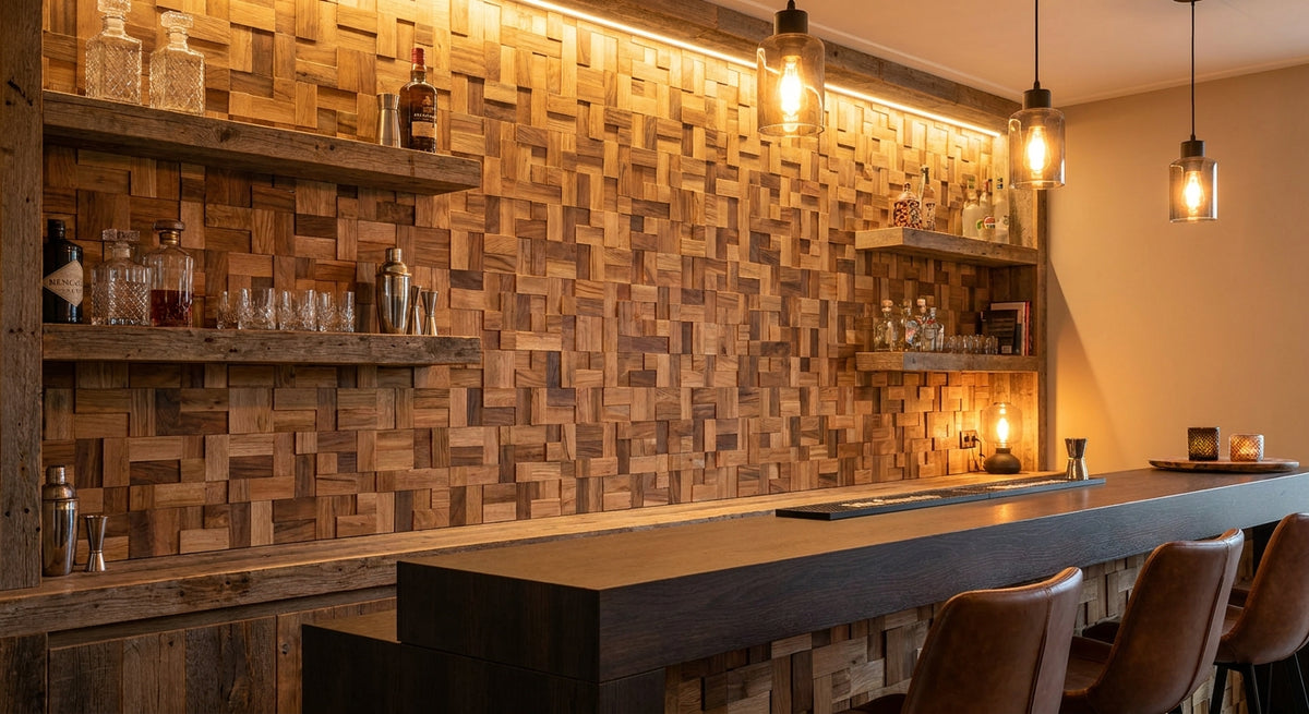 Houten mozaiekpaneel voor een barwand thuis