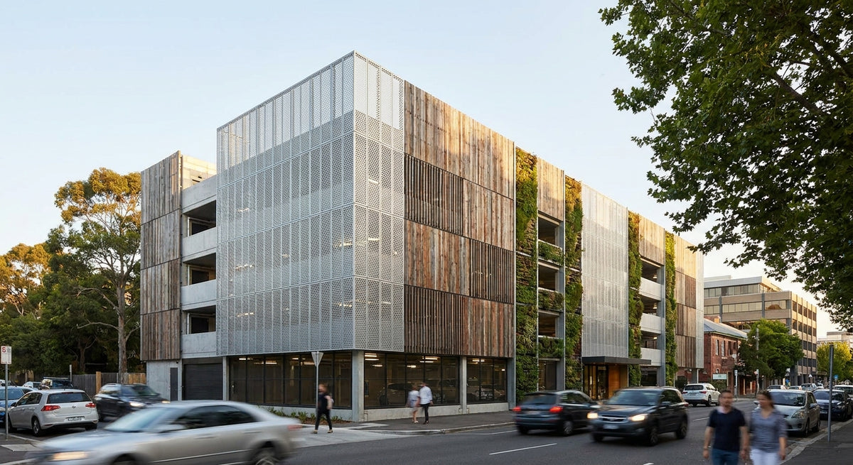 Gevelbekleding voor een parkeergarage of parkeerdek