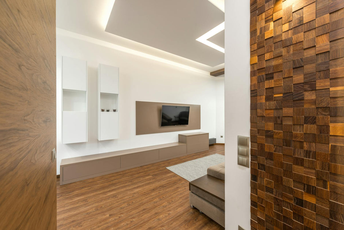 Sleek and stylish living room design with TV and wooden textures.