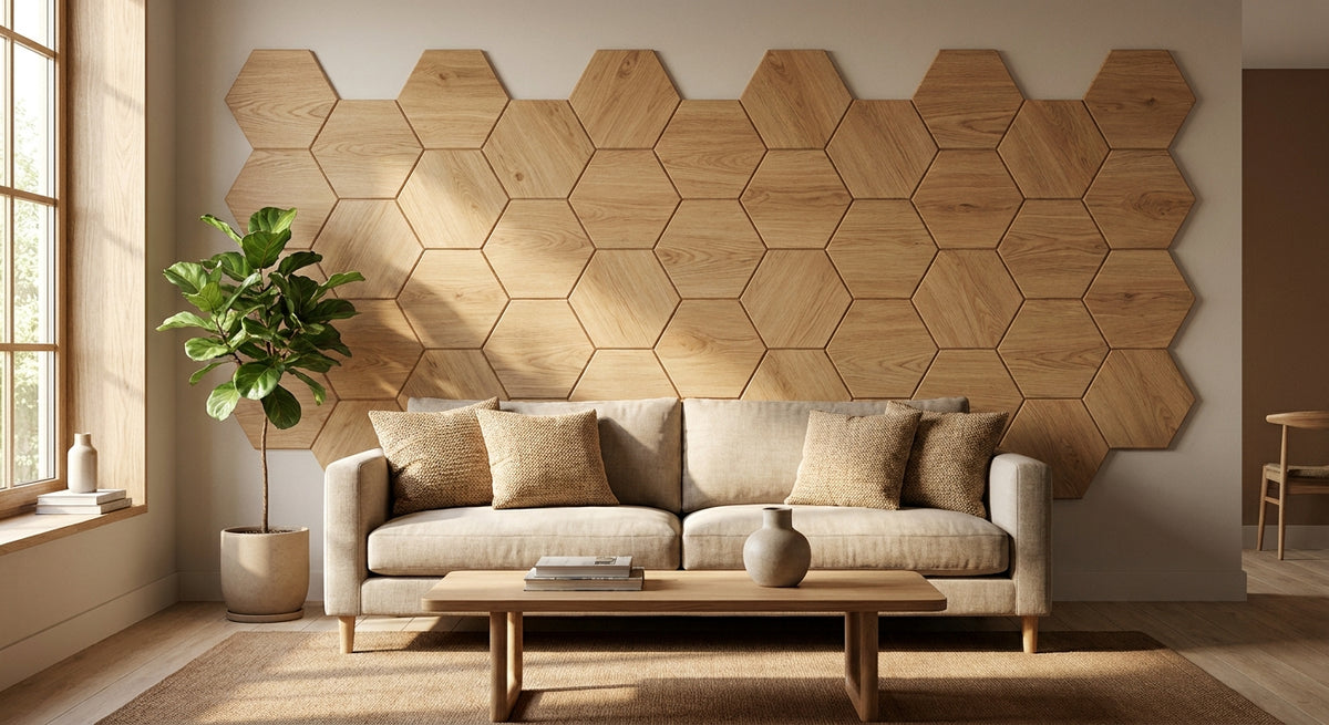 Hexagon wandpaneel naturel eiken voor woonkamer
