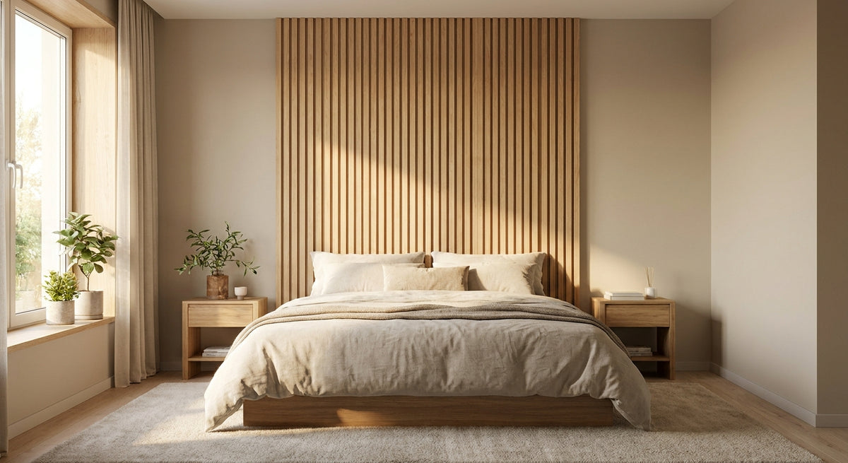 Naturel eiken wandpaneel voor slaapkamer