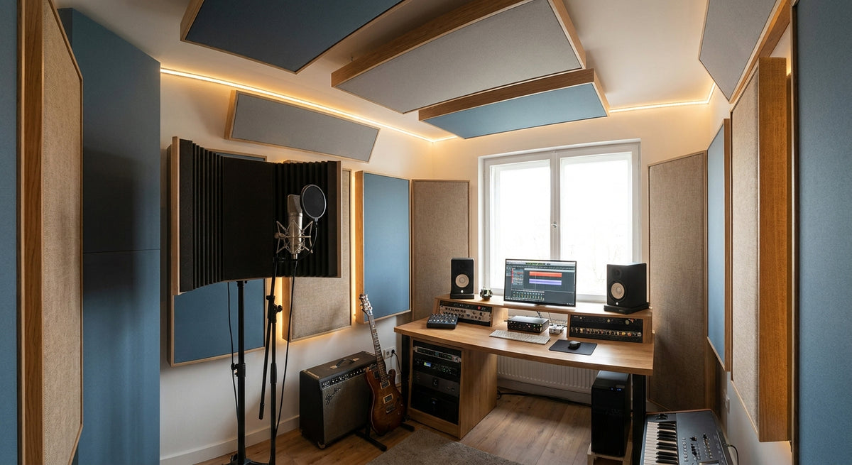 Akoestische panelen voor een thuissudio opnameruimte