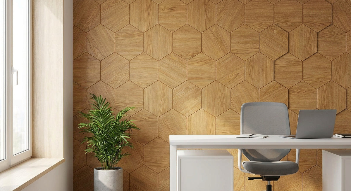 Hexagon wandpaneel eiken voor modern kantoorinterieur