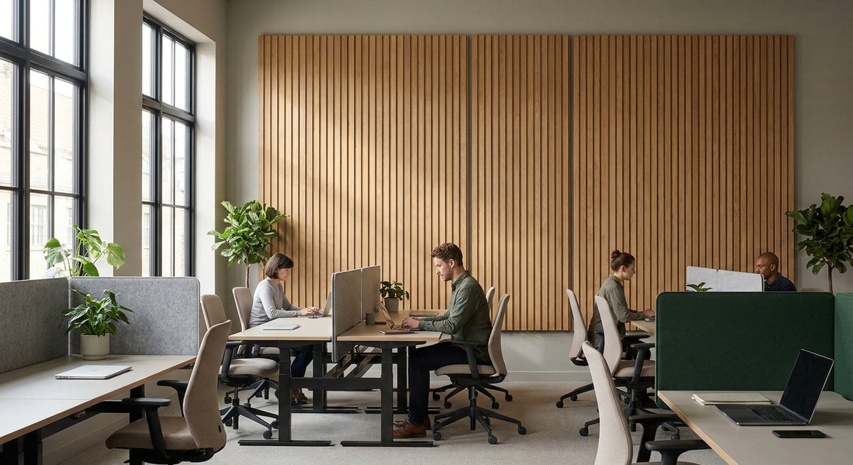 Houten wandpanelen voor een open kantoorruimte