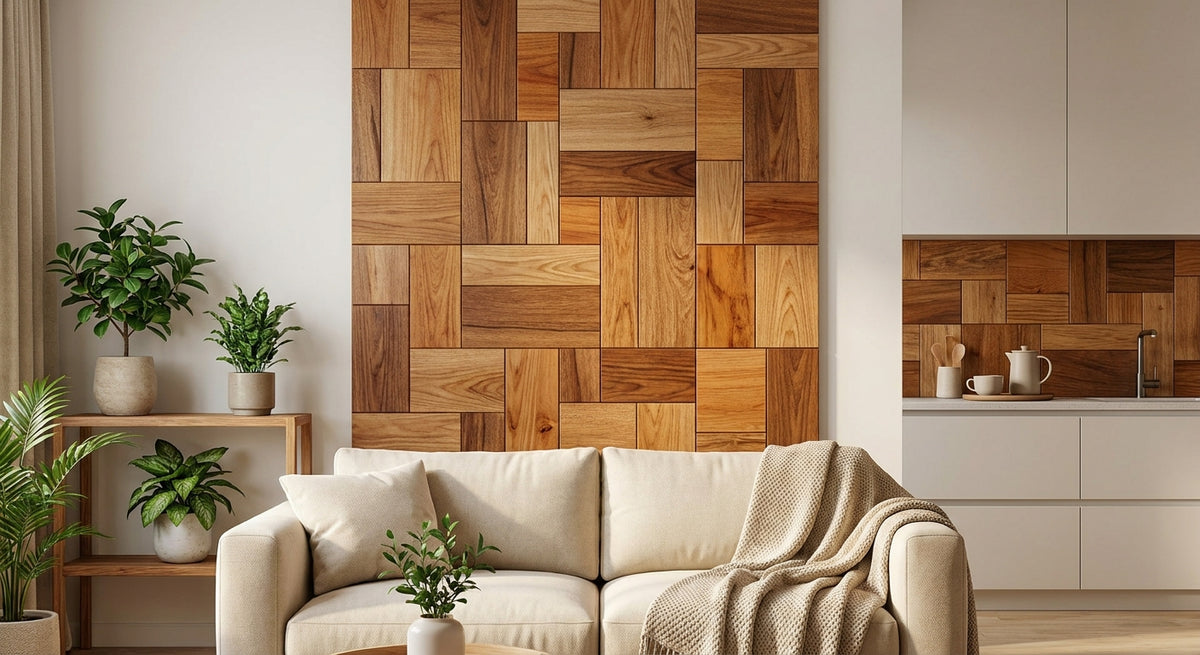 Houten mozaïekpaneel voor wand en achterwand