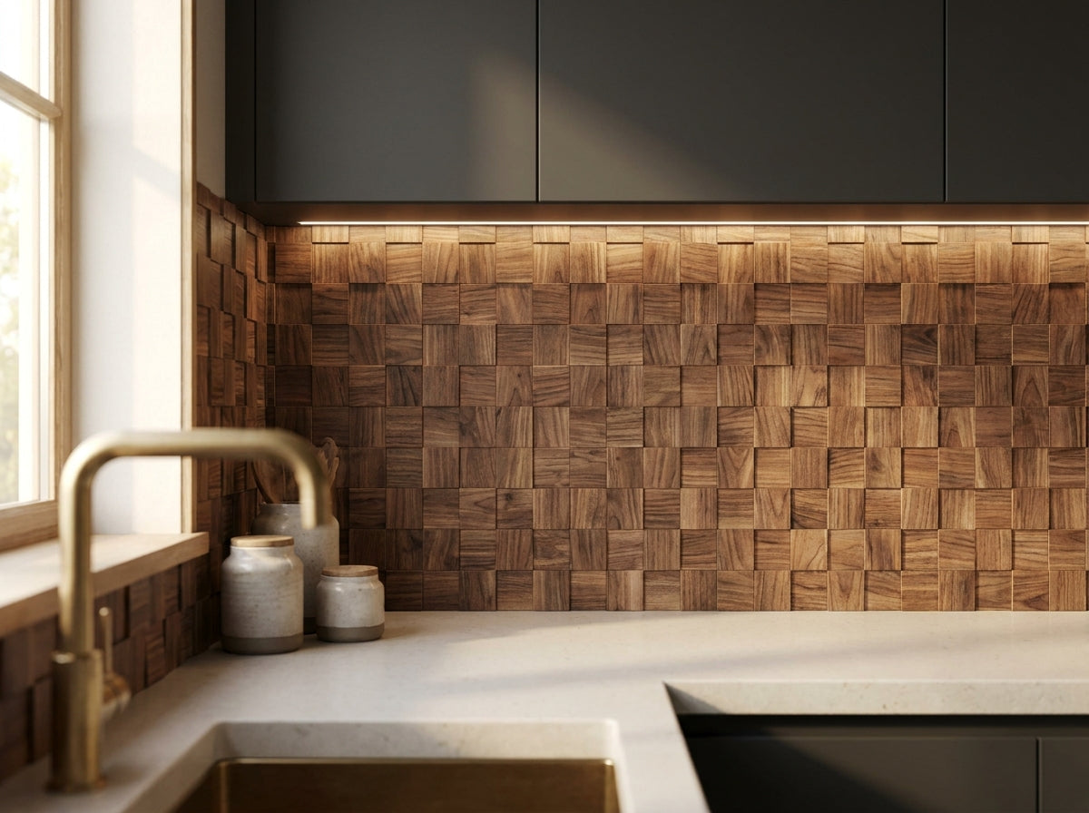 Houten mozaiekpaneel walnoot voor keukenachterwand