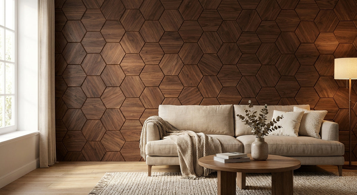 Hexagon wandpanelen walnoot voor accentwand
