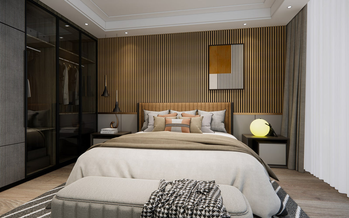 Slaapkamer met akupanelen achter bed