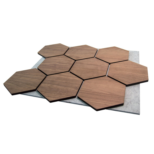 Hexagon Panel Walnoot met Grijs Vilt 81CM | Akoestisch | Wanddecor | Zeshoekig