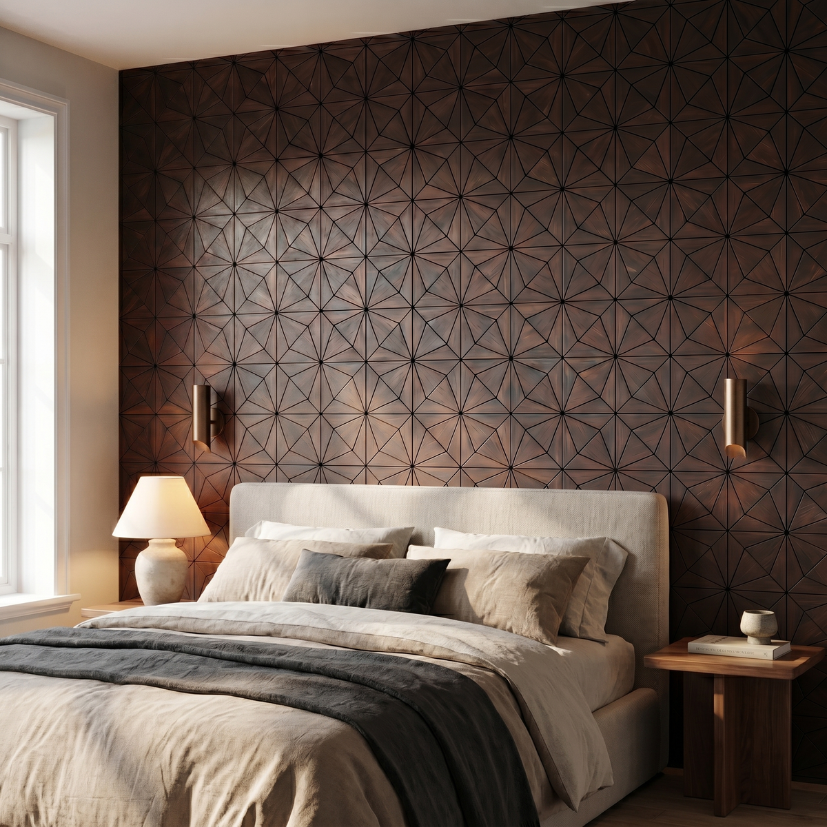 Nolan Rose Black wandpaneel achter het bed in slaapkamer