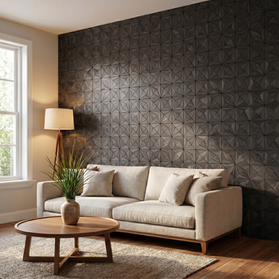 Nolan Black decoratief houten wandpaneel in moderne woonkamer