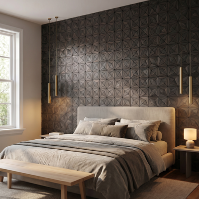 Nolan Black wandpaneel achter het bed in slaapkamer