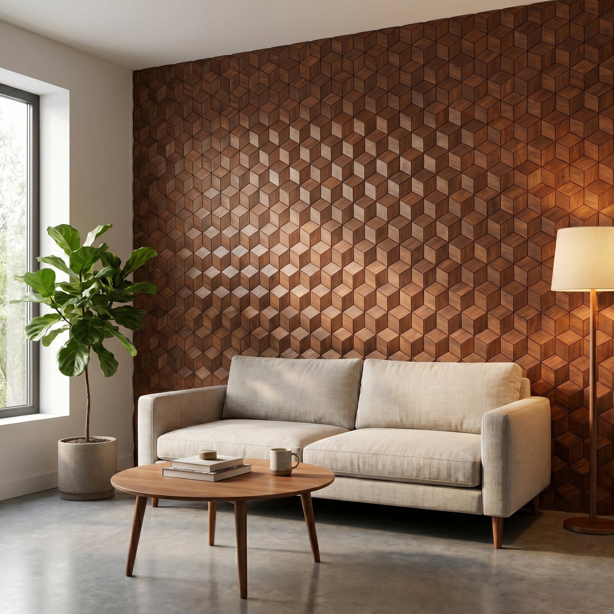 Lobelia Rust Copper decoratief houten wandpaneel in moderne woonkamer