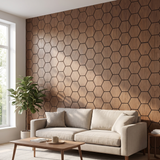 Hexagon walnoot akoestisch wandpaneel in moderne woonkamer