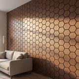 Hexagon walnoot wandpaneel zijaanzicht met 3D diepte en strijklicht