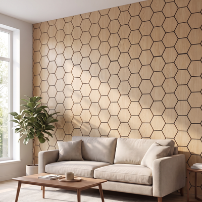 Hexagon naturel eiken wandpaneel in moderne woonkamer