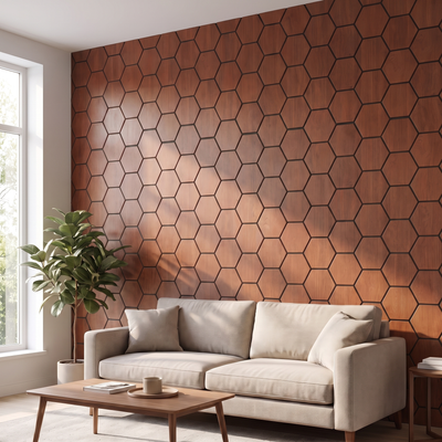 Hexagon gerookt eiken wandpaneel in moderne woonkamer
