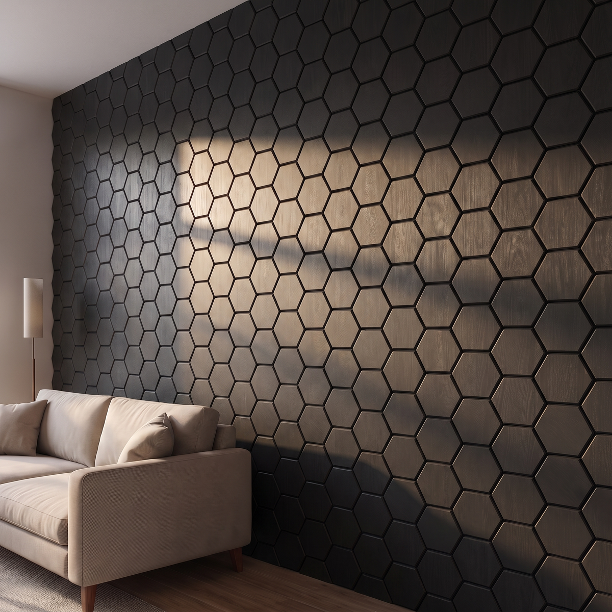 Hexagon zwart akoestisch wandpaneel zijaanzicht met 3D diepte