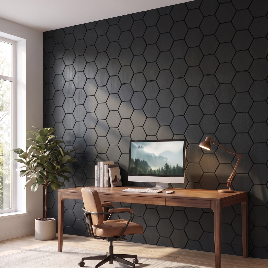Hexagon zwart wandpaneel in home-office achter bureau