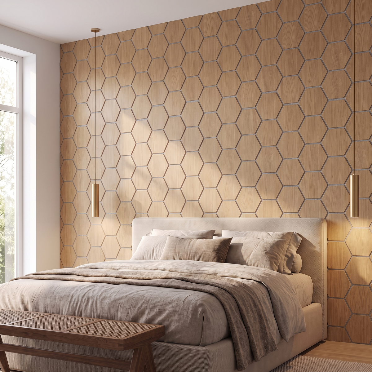 Hexagon naturel eiken met grijs vilt wandpaneel achter het bed in slaapkamer