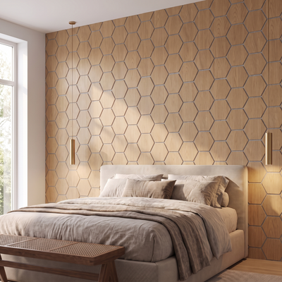Hexagon naturel eiken met grijs vilt wandpaneel achter het bed in slaapkamer