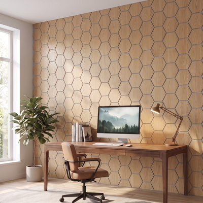 Hexagon naturel eiken met grijs vilt wandpaneel in home-office achter bureau