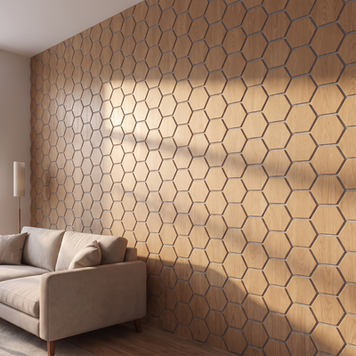 Hexagon naturel eiken met grijs vilt wandpaneel zijaanzicht 3D diepte