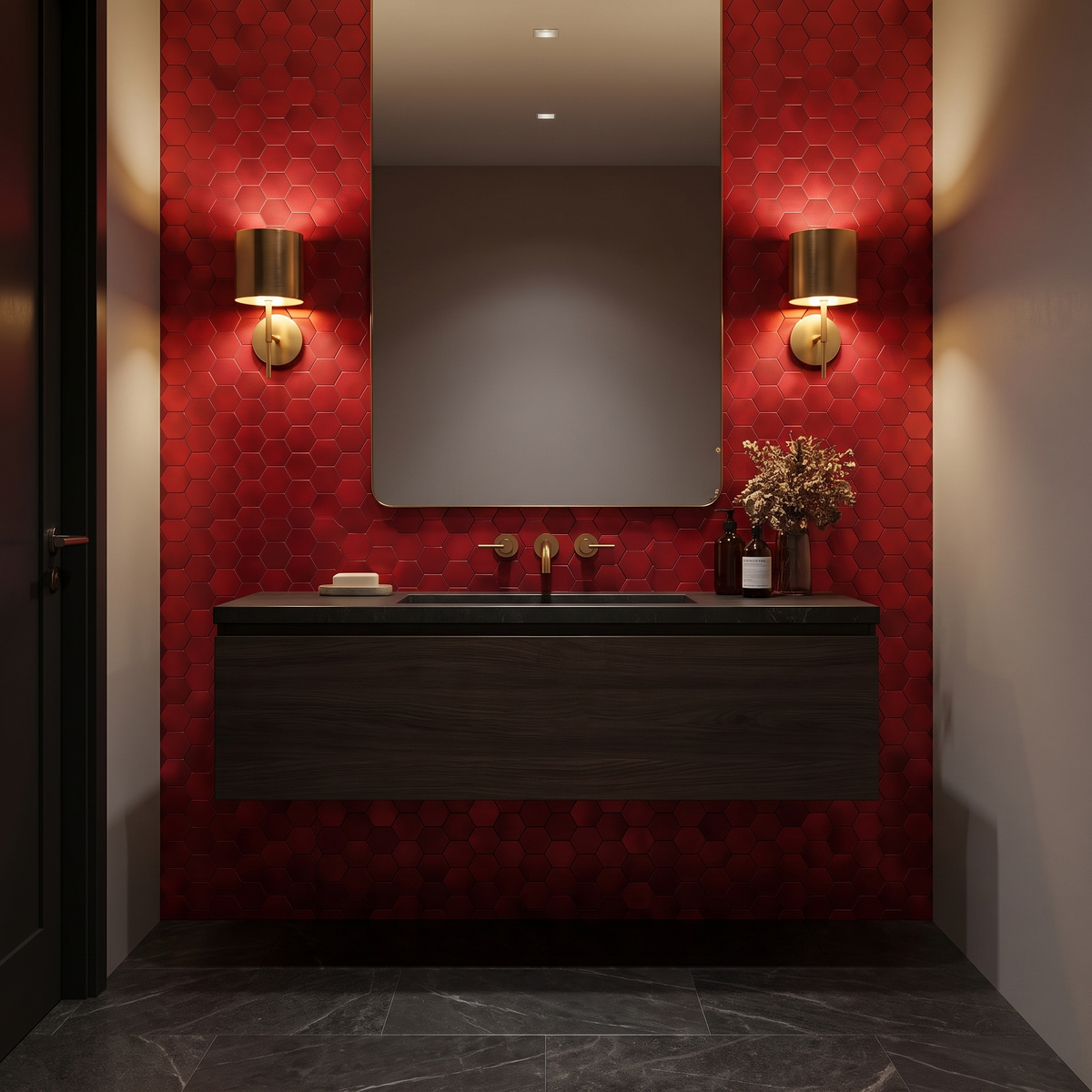 Hexagon mozaiek rood powder room