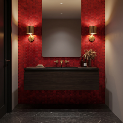 Hexagon mozaiek rood powder room