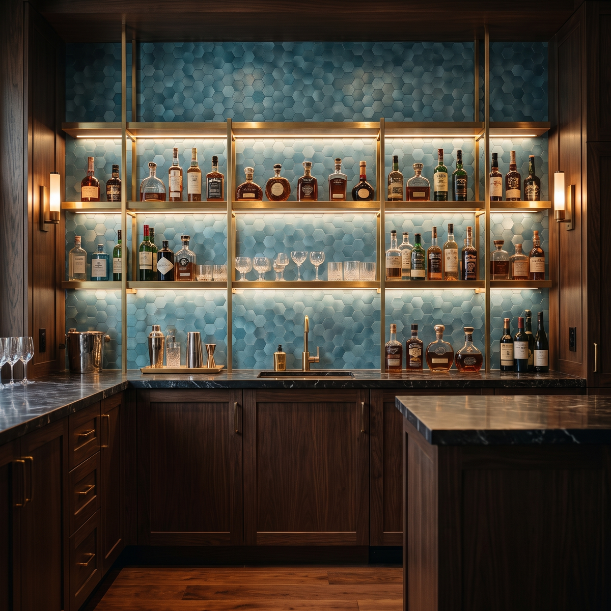 Hexagon mozaiek blauw bar
