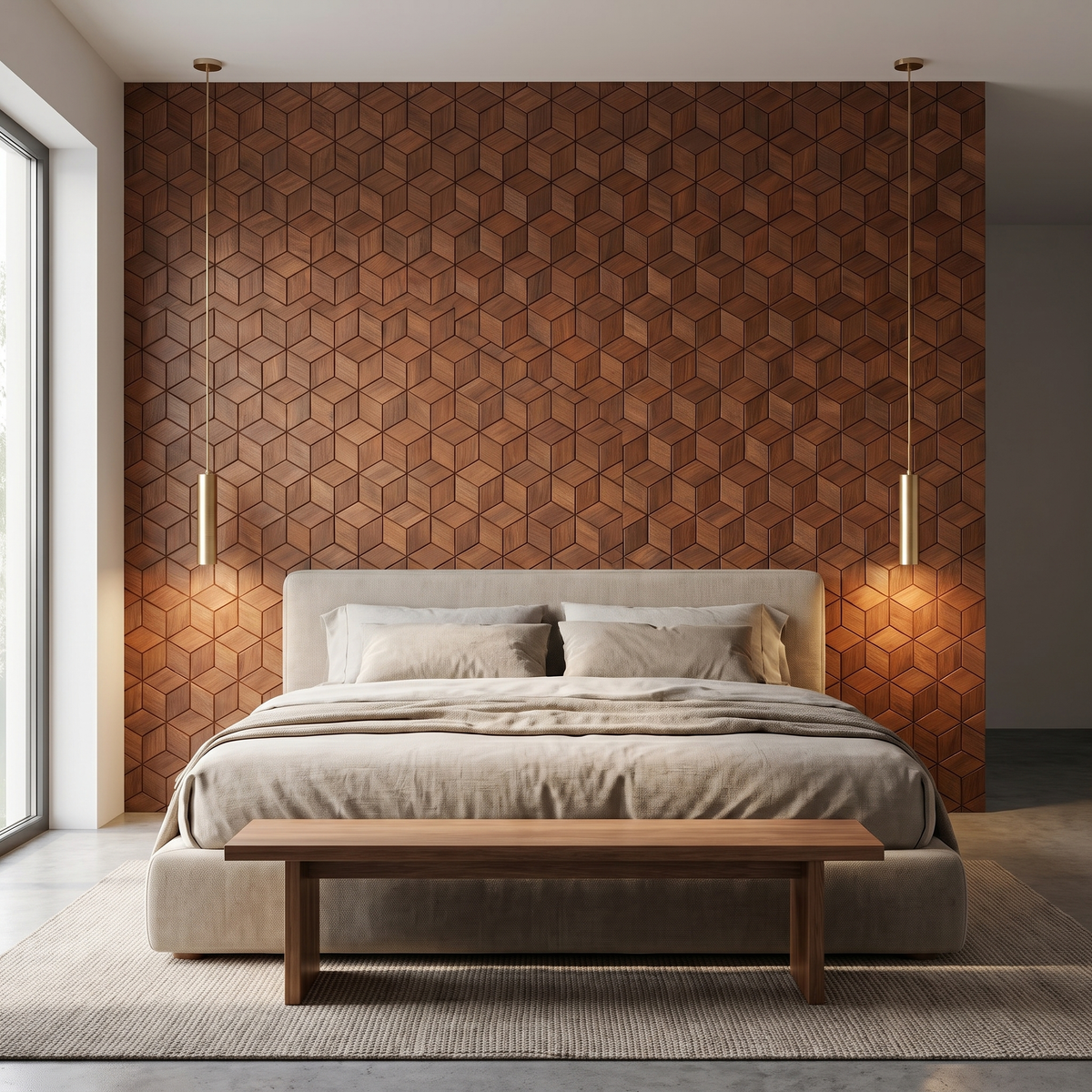 Lobelia Rust Copper wandpaneel achter het bed in slaapkamer