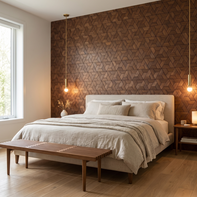 Aster Brown wandpaneel achter het bed in slaapkamer