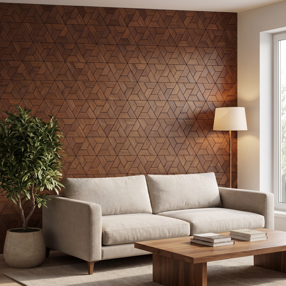 Aster Smoked Brown decoratief houten wandpaneel in moderne woonkamer