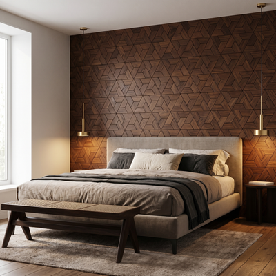 Aster Smoked Brown wandpaneel achter het bed in slaapkamer