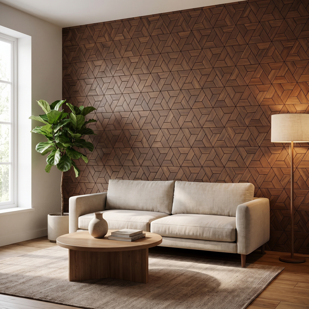 Aster Brown decoratief houten wandpaneel in moderne woonkamer