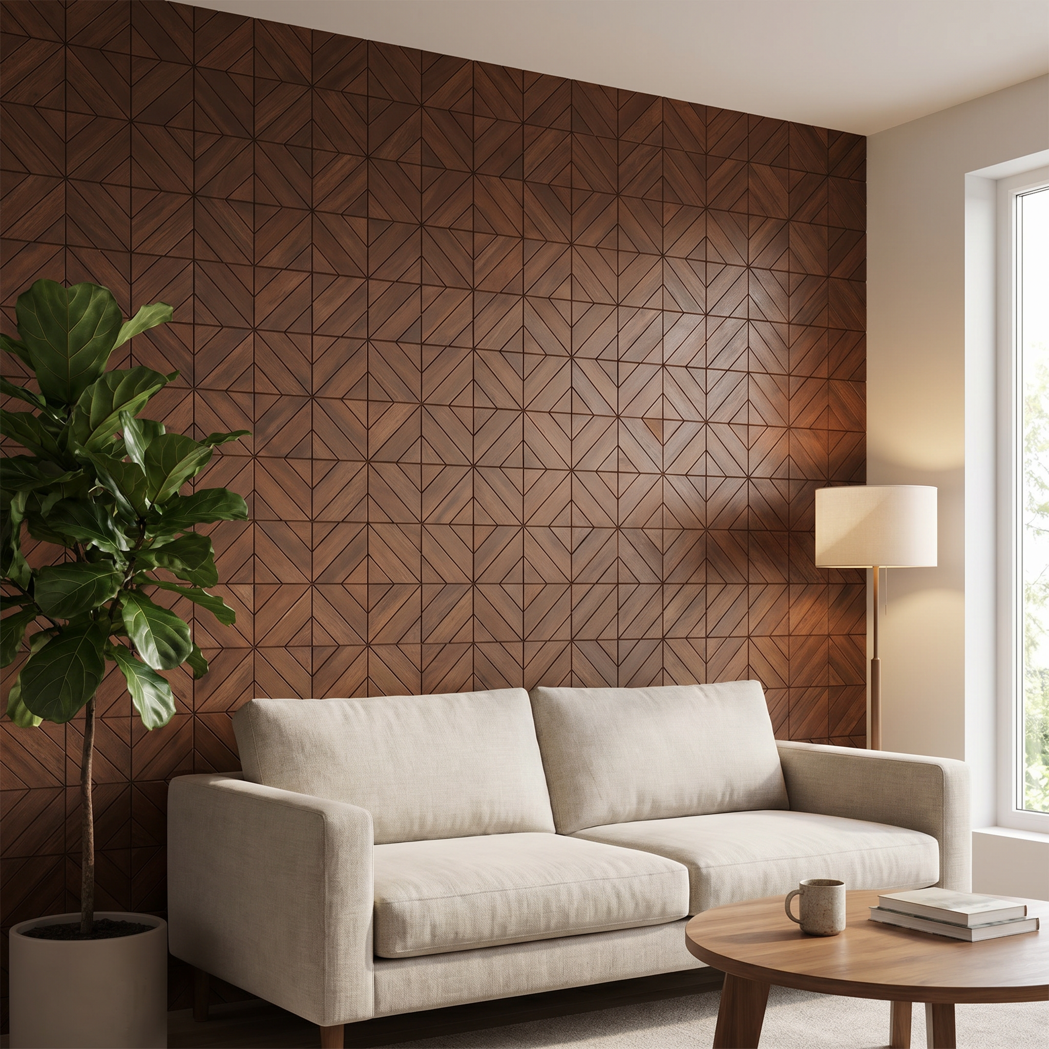 Clover Smoked Brown decoratief houten wandpaneel in moderne woonkamer